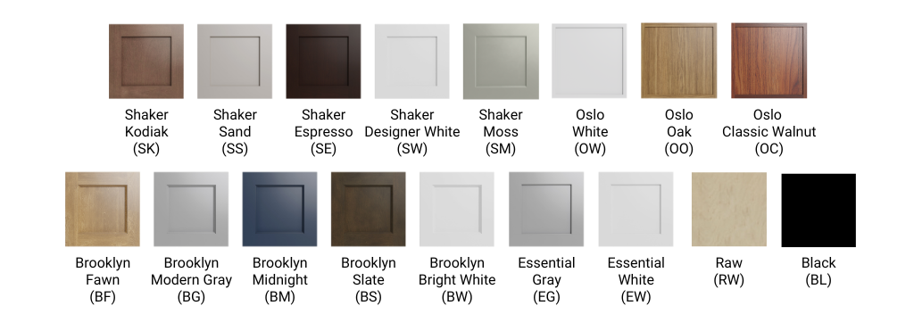 Diamond Series hood available color swatches including Shaker, Oslo, Brooklyn, Essential finishes and Raw/Black